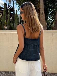 DAZY Chaleco de mezclilla lavada con estilo de camisola casual de vacaciones con lazo para mujer - Azul lavado oscuro - Ver 5