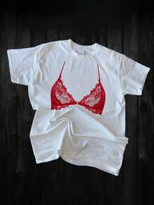 Red Bralette Pattern T-Shirt - Playful Lingerie Inspired Design, Modern Lace Crew Neck Tee, Stylish Gift For Female Friends - White - View 4