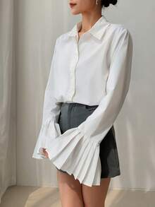 EastFlair Camisa blanca con puños con volantes al estilo coreano para mujer - Blanco - Ver 3