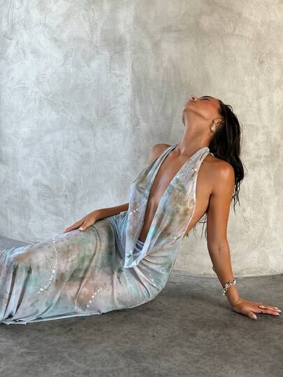 Aloruh Women's New Summer Dress, Tie-Dye Tie Dye Print Bohemian Sheer Coverup, Elegant Sexy Romantic Retro Backless Deep Draped Neck Dress, Women's Resort Wear, Women's Beach Dress