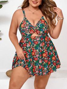 SHEIN CURVE+ 大码女士两件式印花吊带泳衣 - 彩色 - 查看 1