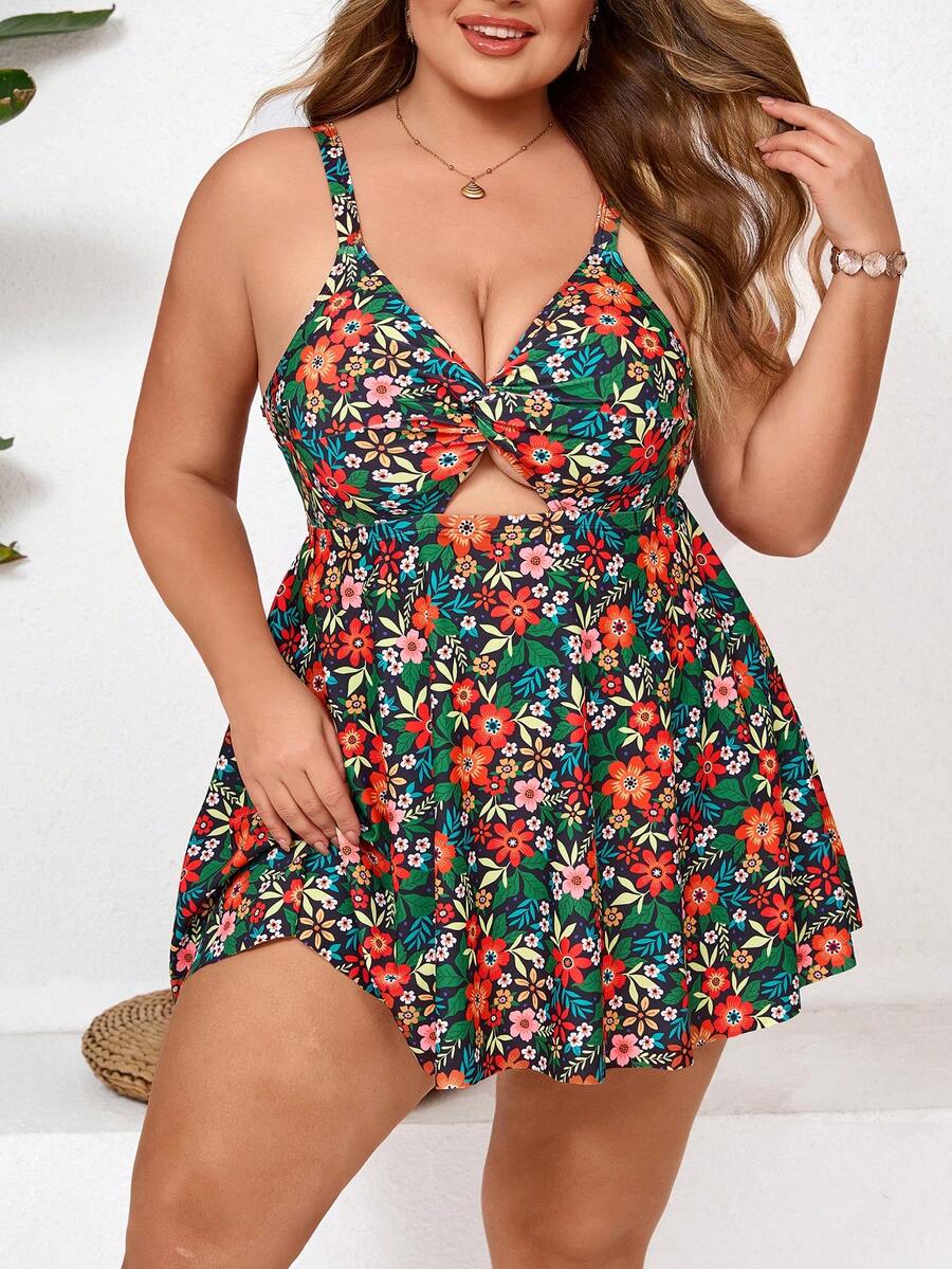 SHEIN CURVE+ 大码女士两件式印花吊带泳衣 - 彩色 - 查看 1