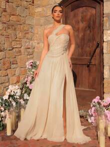 Glamrae 优雅简约露肩心形领口褶裥半透明面料，带鱼骨装饰，喇叭形下摆，系带腰身晚礼服，商务正式礼服，宾客礼服，开衩长袍 - 杏色 - 查看 2