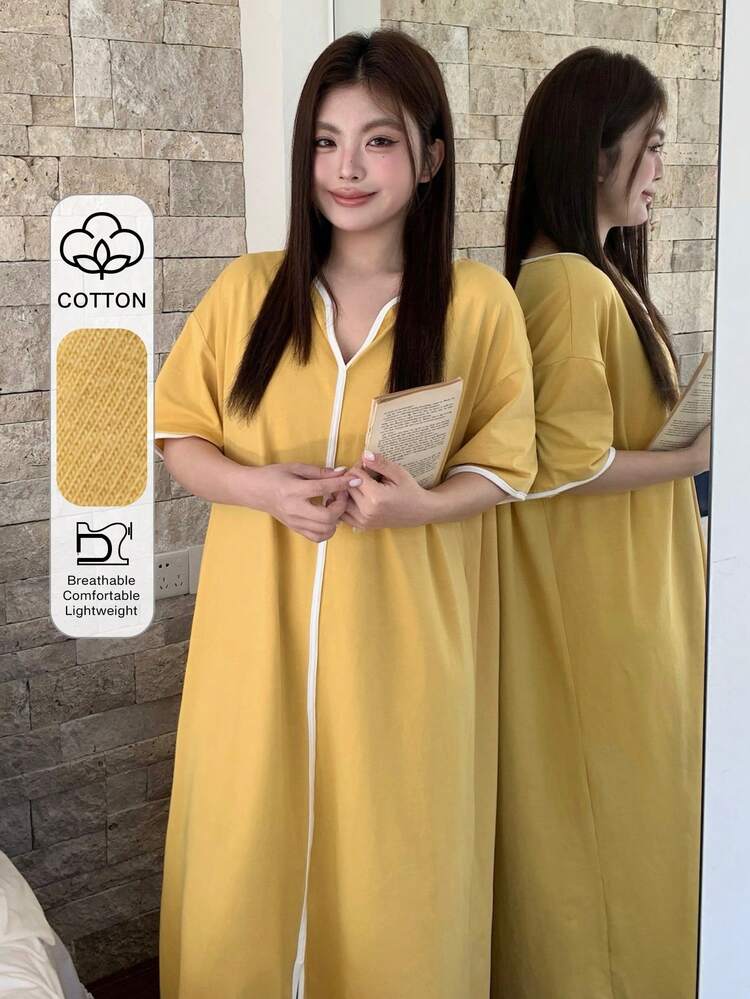 Dazy Plus Solid Color Contrast Patchwork Loose Hem Slit Design Long Sleeve Nightgown