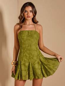 SHEIN BAE 绿色提花编织露背紧身迷你连衣裙，适合度假、约会、音乐节、生日、早午餐、伴娘、婚礼宾客、春夏穿着。 - 綠色 - 查看 7