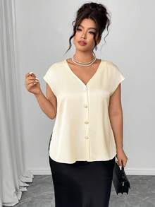 Elenzga Áo sơ mi satin cỡ lớn dành cho nữ, tay áo kiểu cánh dơi, cổ chữ V, thanh lịch và đa năng, thích hợp cho các bữa tiệc, tiệc trà chiều hoặc đi làm. - Màu be - Xem 3