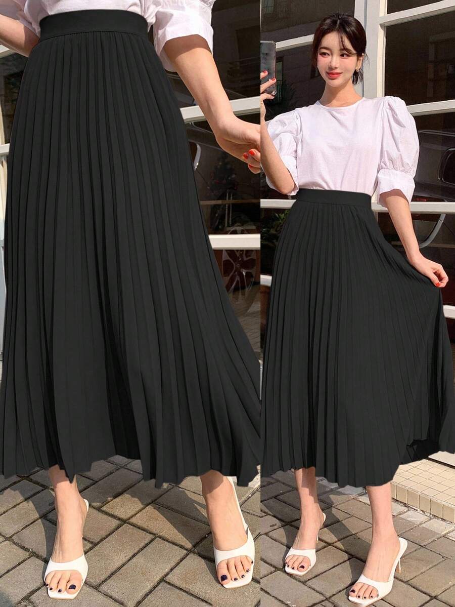 DAZY 女士优雅褶裥A字裙，秋冬女装半身裙 - 黑色 - 查看 1