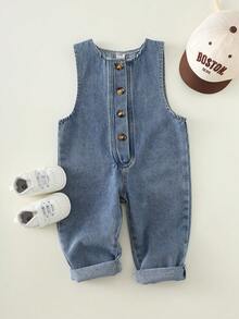 SHEIN Unisex Baby Casual Cute Denim Bib Pants, Suitable For Summer, Spring, Autumn - Multicolor - View 6