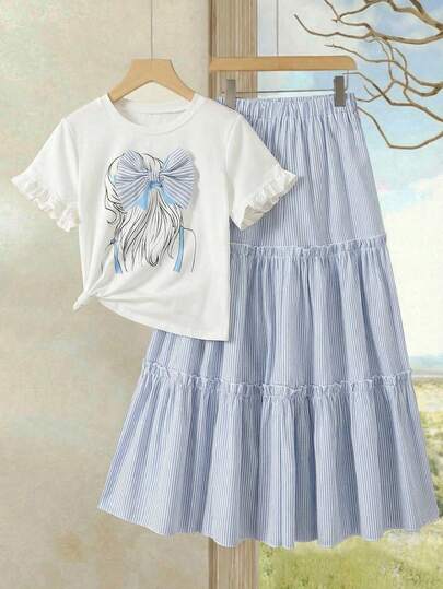 SHEIN Teen Girls Elegant Vintage Cute Knitted Girl Print Bow T-Shirt And Ditsy Floral Long Skirt 2-Piece Set, Suitable For Vacation, Casual, Festivals, Lunch, Music Festivals, Bow Ruffle Hem T-Shirt, Ruffle Hem,Kids