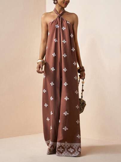 Zivah 2026 Spring/Summer New Music Festival, St. Patrick's Day, Valentine's Day, Date, Western, Nomadic Style, Birthday Party, Graduation, School, Daily Casual, Basic Matching, Leisure, Cruise Travel, Beach, Sunbathing, Viral, Streetwear, Wedding Guest, Boho, Commute, Brunch, Airport, Party, Holiday Outings, Office Wear, Leisure Vacation, Vintage, Olive Green Faux Embroidery Halter Backless Jumpsuit