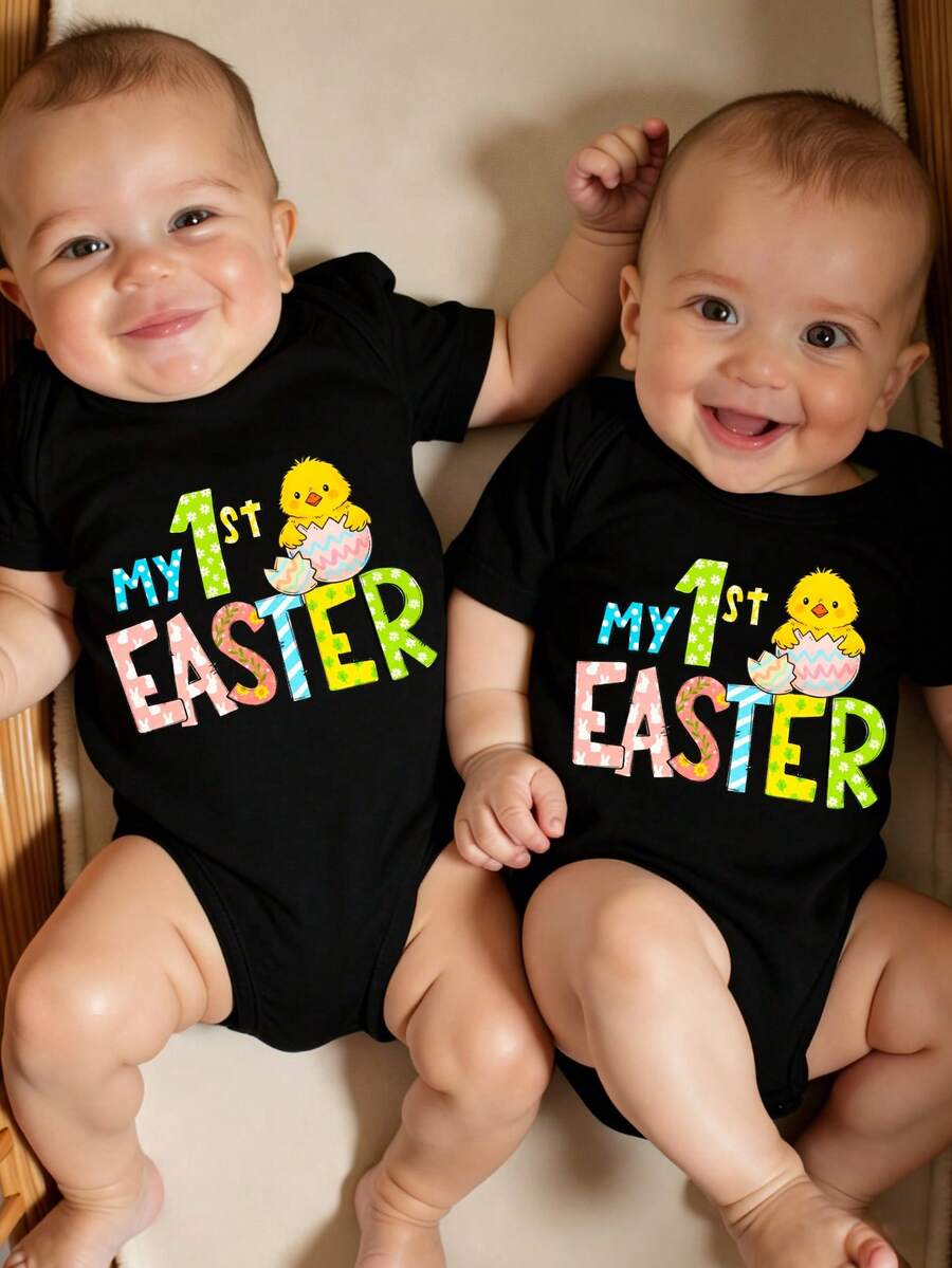 Pelele negro con estampado de pollito minimalista lindo y "Mi 1er Pascua" para bebé niño, conjunto unisex adecuado para celebración de Pascua de primavera/verano - Negro - Ver 1