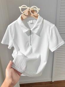 SHEIN Young Boys' Casual School Collar Short Sleeve Polo Shirt, Solid Color Textured Fabric, Suitable For Commuting, School, Leisure, Sports, Spring/Summer - White - View 7