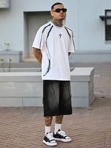 Devon Thys 男士口袋破洞阔腿宽松休闲牛仔短裤男士街头潮流牛仔裤外出都市休闲街头度假 - 黑色 - 查看 1