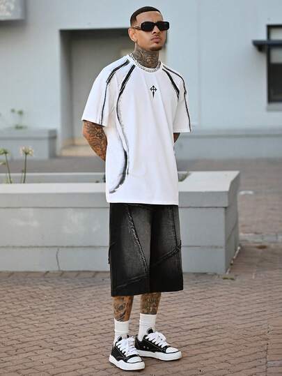 Devon Thys 男士口袋破洞阔腿宽松休闲牛仔短裤男士街头潮流牛仔裤外出都市休闲街头度假