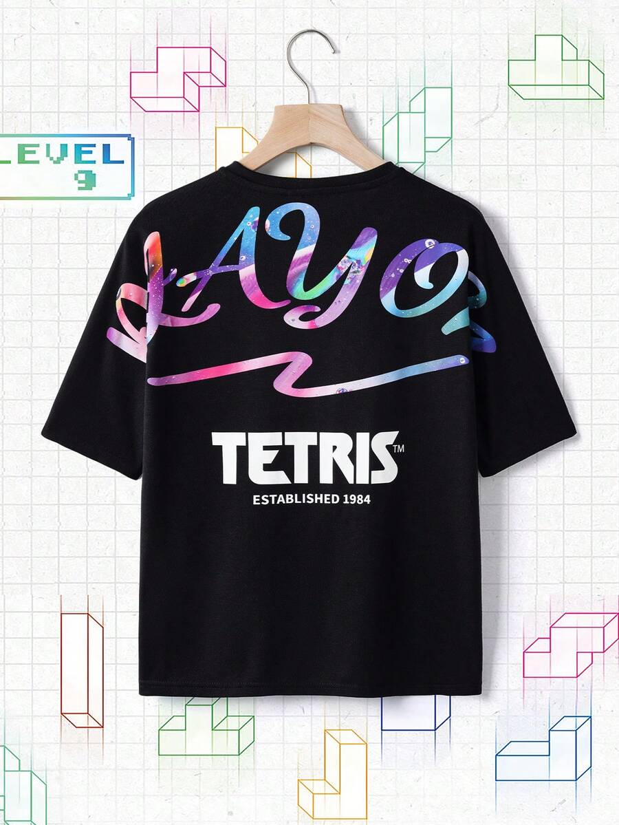 Tetris™ X SHEIN Tween Boy Round Neck Letter Print Casual Versatile Daily Wear Short Sleeve T-Shirt - Black - View 1