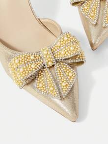 CUCCOO HITCHD Women Stylish Elegant Commuter Rhinestones Pearl Bows Decorated Pointed Pumps - Gold - View 6