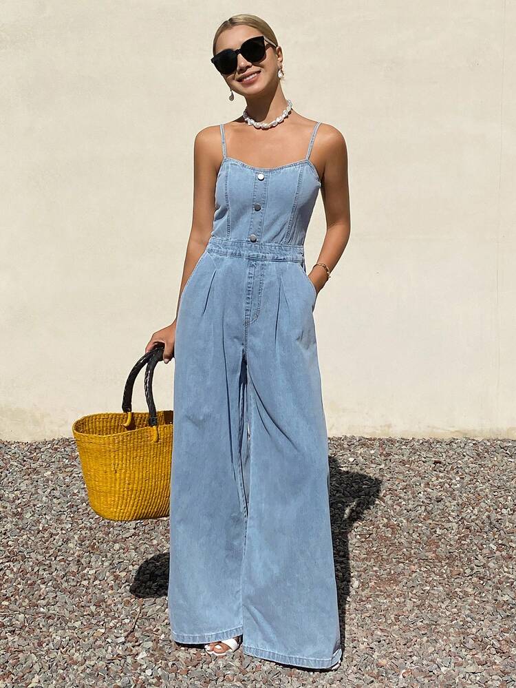 Women's Sleeveless Cinched Waist Loose Fit Denim Jumpsuit, Casual & Resort Style Jumpsuit