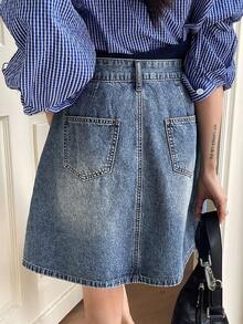 DAZY 女士常规腰线褶裥A字牛仔迷你裙，休闲都市风 - 中等水洗藍 - 查看 3