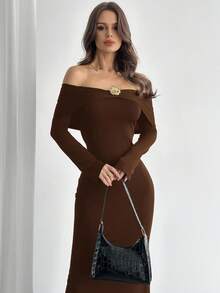 Firerie 女士优雅精致浪漫时尚露肩金属装饰喇叭袖紧身黑色连衣裙，秋季 - 鏽棕色 - 查看 8