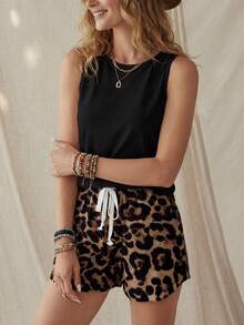 SHEIN LUNE 2pcs Women's Contrast Color Leopard Print Sleeveless Round Neck Top And Short Sleeve Set, Suitable For Summer Island Vacation Outfits - Multicolor - View 1