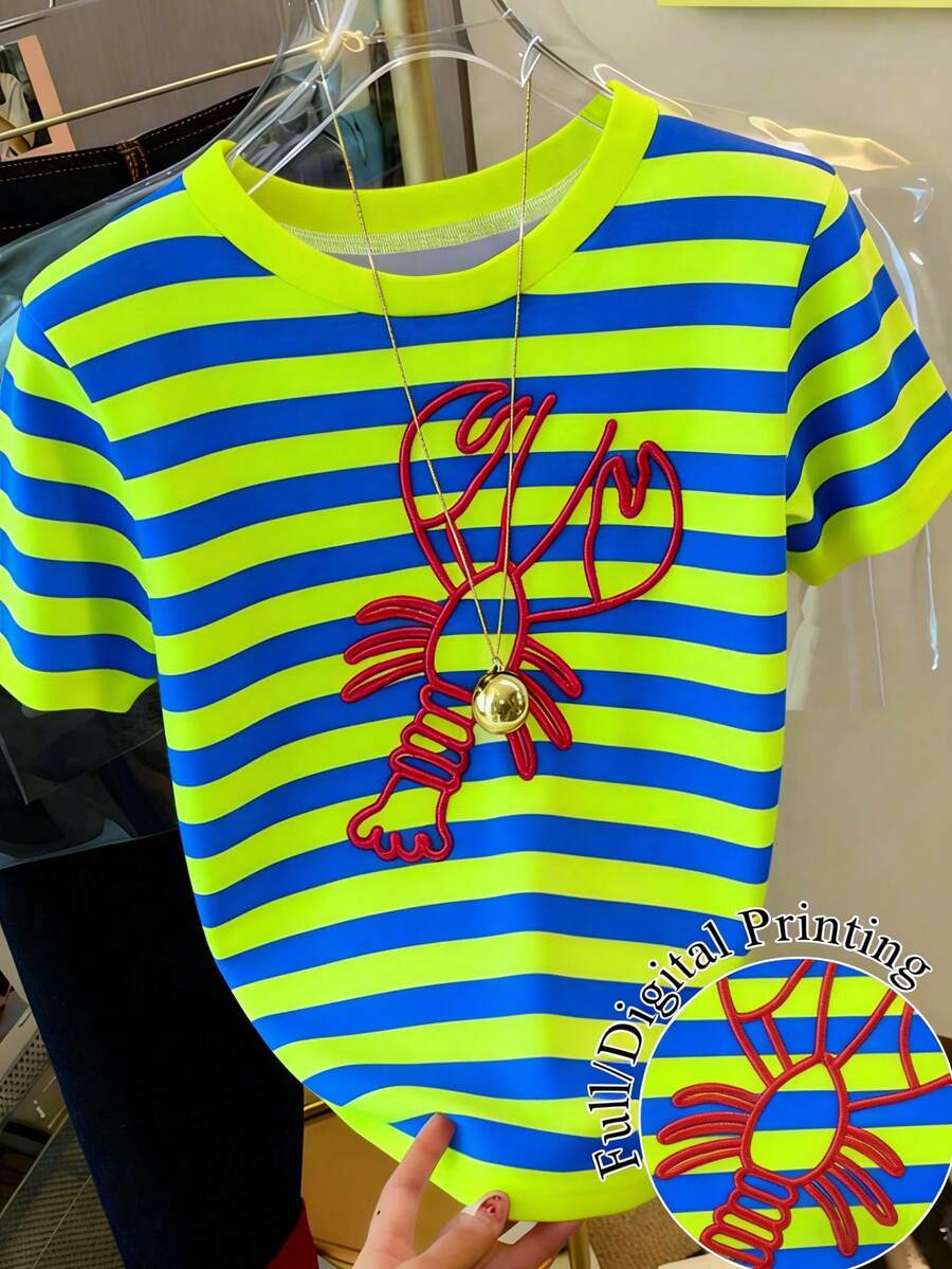 SHEIN 女士条纹龙虾印花休闲圆领短袖T恤 - 彩色 - 查看 1