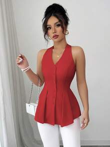 Elenzga 女士优雅休闲通勤度假纯色V领开襟褶裥腰部A字无袖衬衫，春夏款 - 紅色 - 查看 3