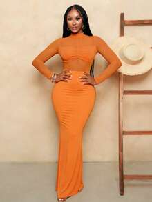 BamGleam 撞色网纱美人鱼下摆紧身连衣裙长款女装 - 橘色 - 查看 4