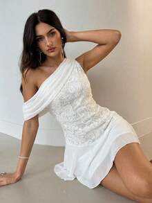 Aloruh Women's Casual Elegant Off-Shoulder Jacquard Patchwork Dress/White Mini Skirt, Romantic Wedding Guest Outfit, Birthday Party/Graduation Ceremony Dress, Summer Mini Skirt, Beach Holiday Mini Dress Women One Piece Dress Wow Dress Womans Dress - White - View 4