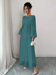 Elenzga 女士春夏法式浪漫西西里优雅休闲通勤度假下午茶派对圆领褶皱腰抽绳A字弹力腰长袖连衣裙 - 水鴨藍 - 查看 6