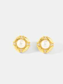 MOTF PREMIUM 铜合金仿珍珠耳环，镀18K金耳钉，高贵气质，时尚复古欧美风格 - 金色 - 查看 4