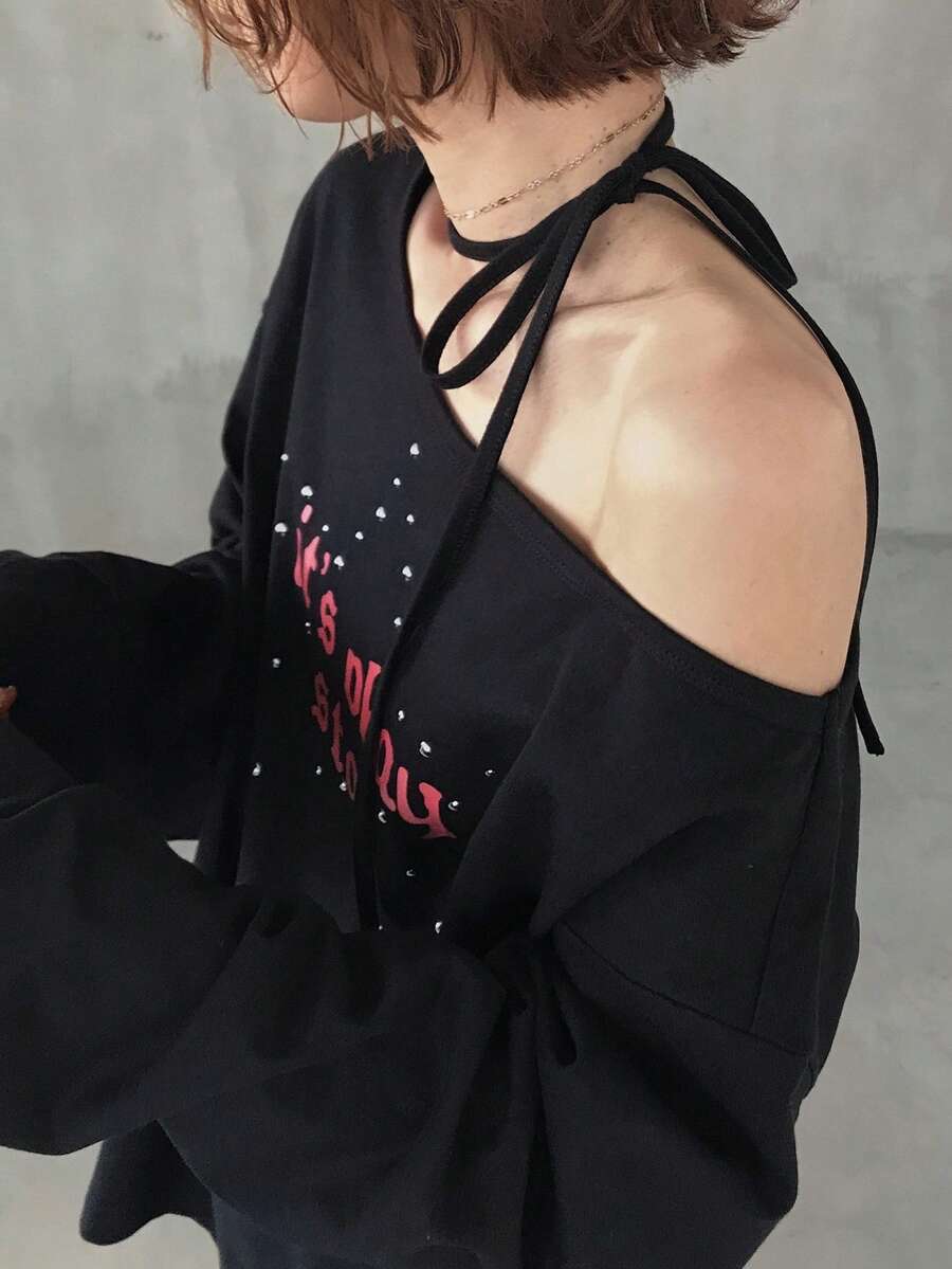 FRIFUL Women's Solid Color Drawstring Bow Tie Diamond Print Loose Casual Sexy Versatile T-Shirt, Autumn Golf Pastal - Black - View 1