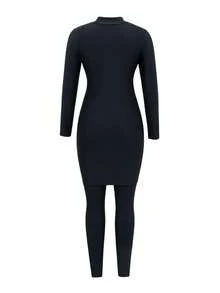 Swim Mulvari Women's New Black 2-Piece Swimwear Set With Belt, Long Sleeve High Neck Midi Dress And Slim Fit Pants, Conservative Modest Burkini For Spring/Summer Vacation - Black - View 7
