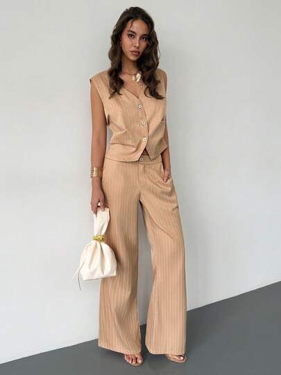 RiviMae Conjunto de chaleco a rayas y pantalones acampanados sin mangas con cintura ceñida para mujer de Islalun