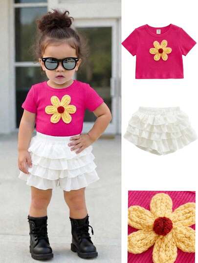 SHEIN This 2-Piece Baby Girl Set Features A Cute And Versatile Rose-Red Short-Sleeved Top And White Skirt/Pants With Floral Embellishments. Including Birthday Parties, Evening Parties, Performances, Weddings, Baptisms, School Opening Ceremonies, Indoor And Outdoor Events, Everyday Activities, Sports, Play, Parties, Photo Shoots, Vacations, And Holidays. It's Also Suitable For Spring And Summer.