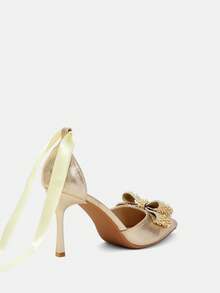 CUCCOO HITCHD Women Stylish Elegant Commuter Rhinestones Pearl Bows Decorated Pointed Pumps - Gold - View 5