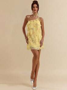 SHEIN BAE Yellow Floral Asymmetrical Shoulder Ruffle Layered Mini Dress, Spring/Summer - Yellow - View 6
