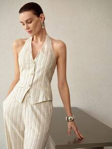 MOTF PREMIUM FASHION STRIPED PRINT OPEN BACK BUTTON PLACKET HALTER TOP - Apricot - View 6