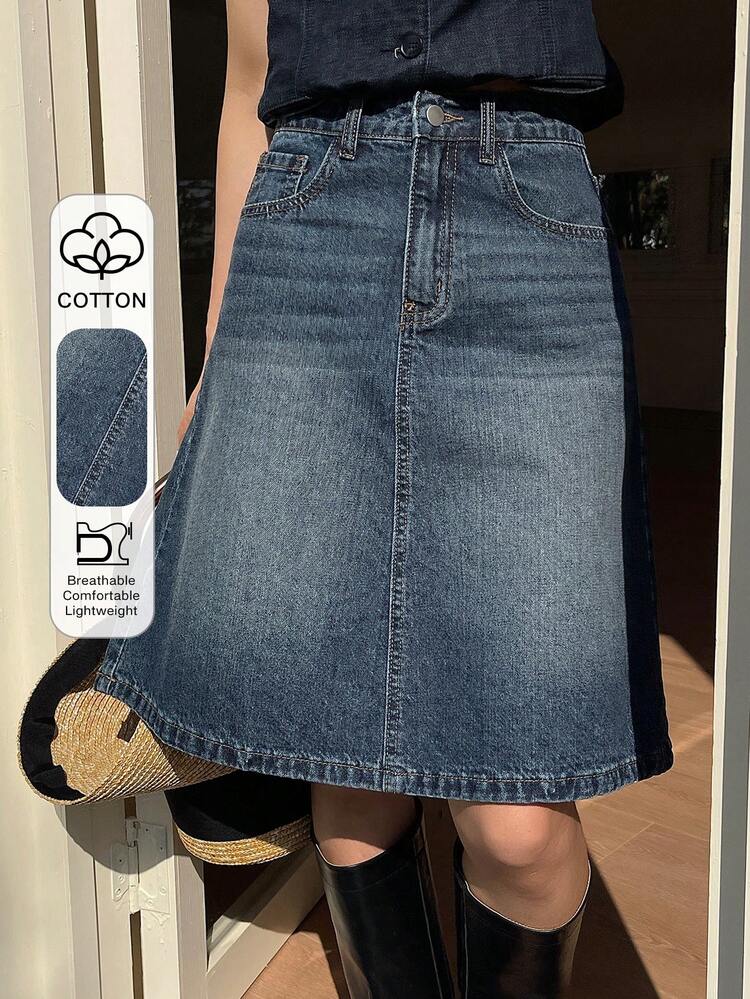 Women's Regular Mid-Waist A-Line Knee-Length Casual Elegant Denim Skirt