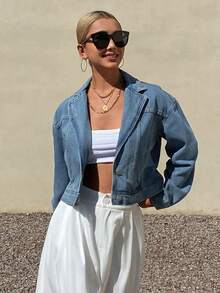 DAZY Women's Turndown Collar Short Casual Denim Jacket And Coat - Medium Wash - View 2