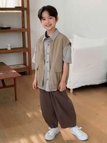 DAZY Tween Boy's Casual Solid Color Sleeveless Jacket, Summer Spring - Khaki - View 6