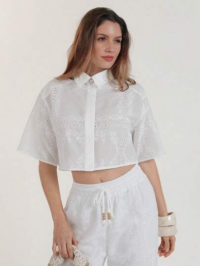 CielaLinda 女士刺绣吊带背心衬衫白色短袖衬衫