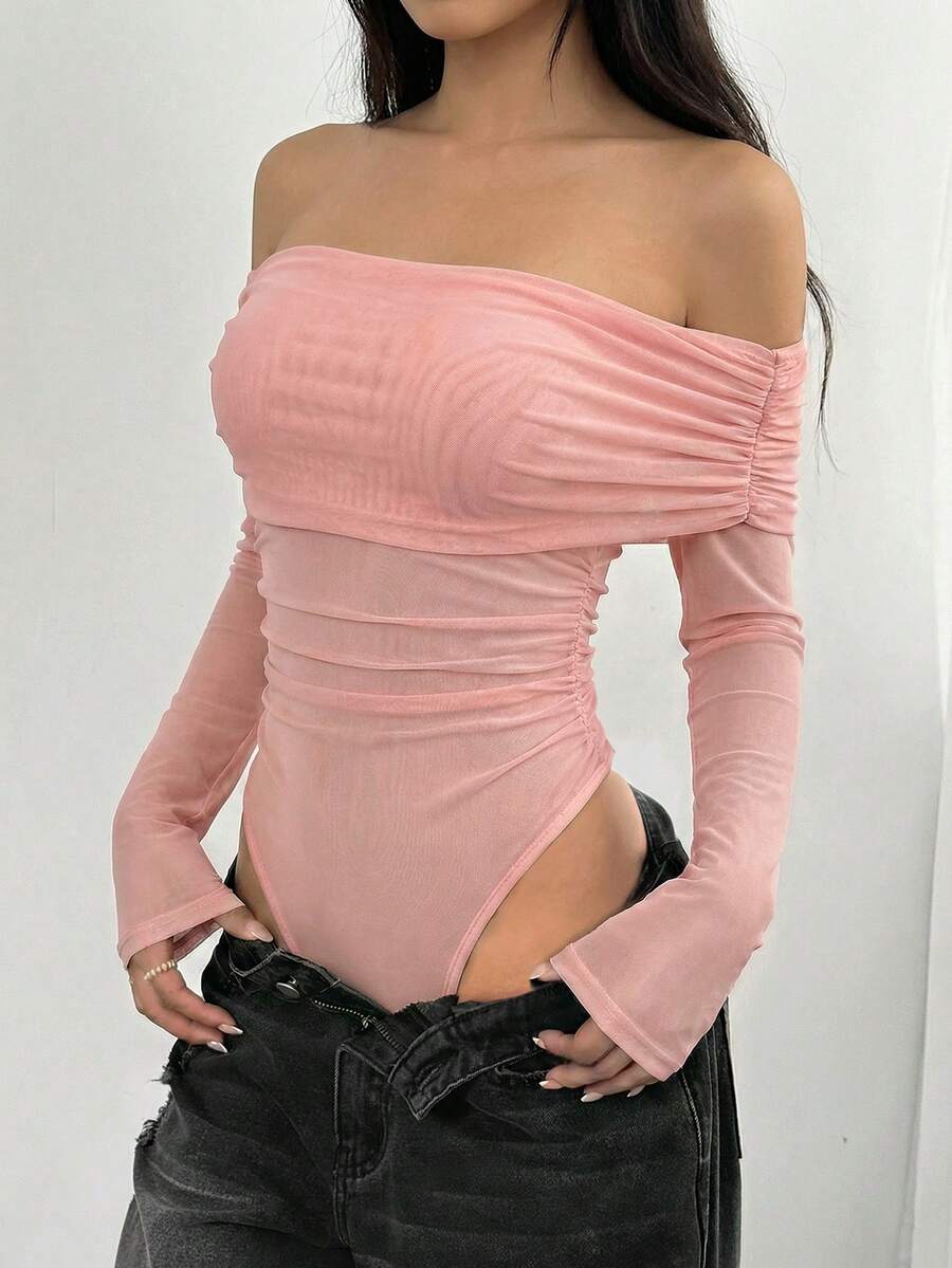 SHEIN EZwear 女士休闲纯色荷叶边露肩长袖网纱连体衣,浅粉色,春夏款 - 淺粉色 - 查看 1