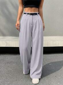 SHEIN EZwear 女士浅薰衣草色褶皱高腰系带阔腿休闲裤，适合工作和通勤穿着。 - 淺灰紫 - 查看 3