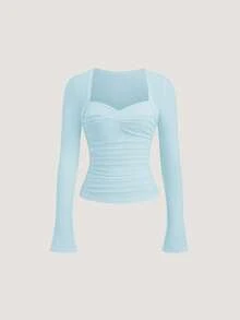 Olithes Áo dệt kim dài tay cổ chữ U ôm sát, gợi cảm và thời trang, có chi tiết nhún bèo bên hông, xếp ly phía trước, cổ tay xẻ, màu trắng, thích hợp cho mùa Thu/Đông. - Màu xanh nhạt - Xem 1