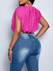 SOLERSUN Women's Plus Size Simple Spring Summer Daily Wear Solid Color Ruched Sleeveless Shirt - Hot Pink - View 2