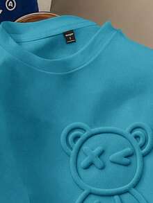 Manfinity Joysei Lake Blue Graphic Letter & Cartoon Bear Embossed Crew Neck T-Shirt For Men - Teal Blue - View 3
