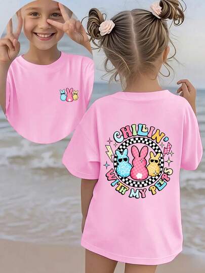 Camiseta gráfica informal y versátil de manga corta para el verano con estampado de conejo con gafas de moda, cuadros y rayos, para niña joven en Pascua