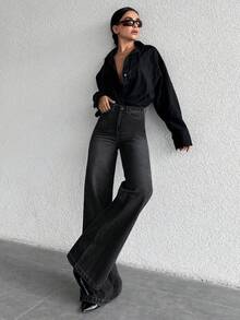 ZIRRA 女士休闲高腰阔腿水洗牛仔裤 - 黑色 - 查看 4