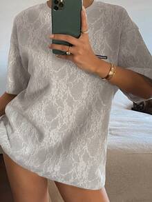 DAZY Women's Casual Lace Letter Print Short Sleeve T-Shirt, Summer - Apricot - View 3