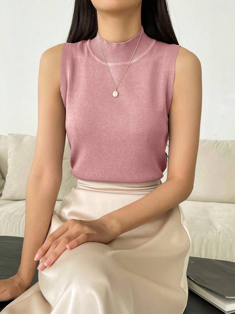 Women's Turtleneck Fitted Sleeveless Knit Top Summer